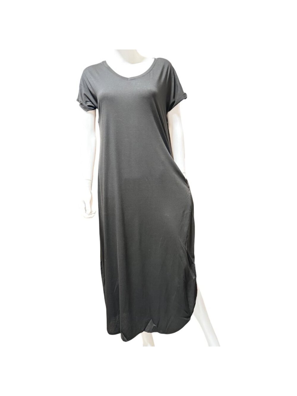 Womens Casual Maxi Dress XL Black Cotton Blend Short Sleeve Pockets Side Slits